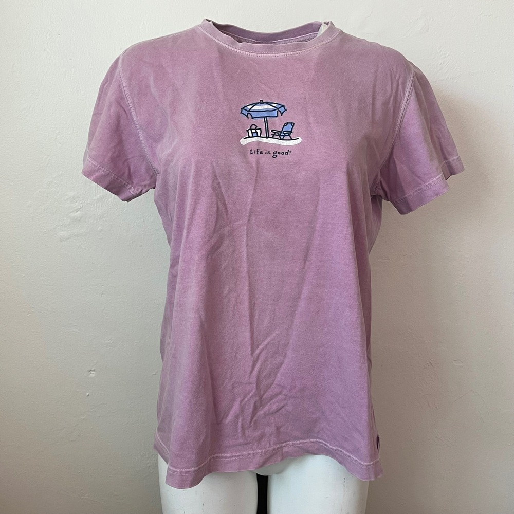 Life is Good Womens Purple Beach Umbrella Graphic T-Shirt Size M Cotton